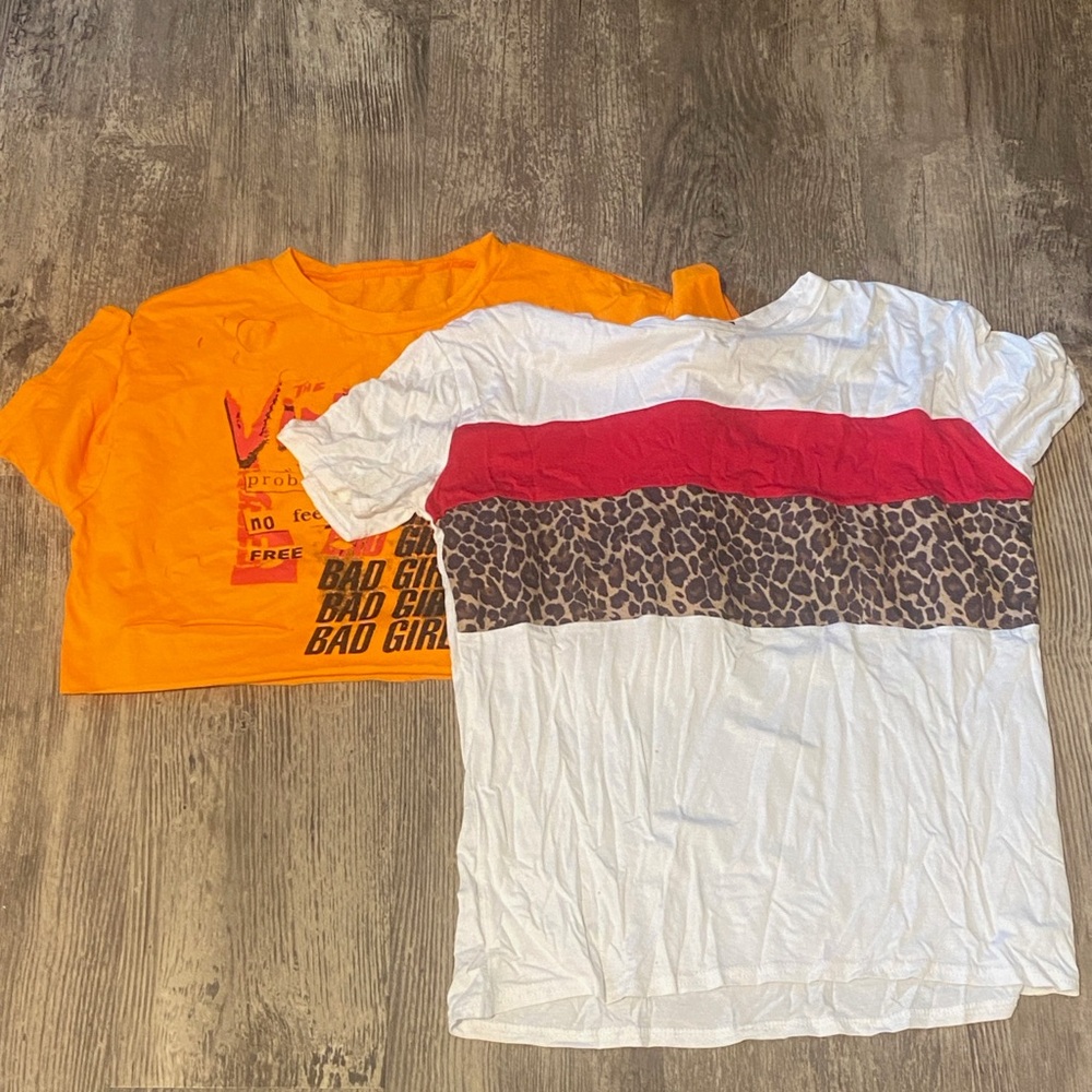 Orange Graphic Tee and White Leopard Print Kids Shirt